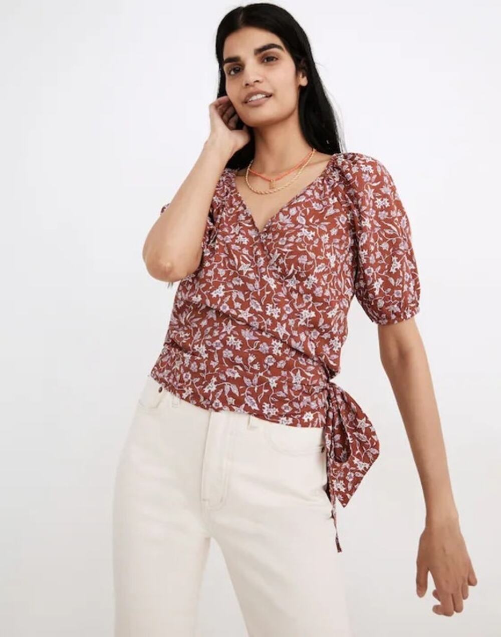 Madewell Puff-Sleeve Wrap Crop Top in Batik Vine 'weathered brick' S